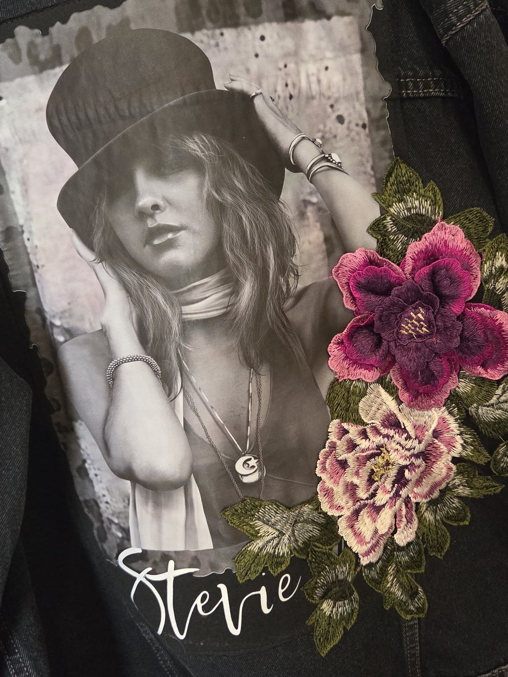 Universal Thread Black Denim Jacket with Pink Floral Embroidery - Picture 2 of 6
